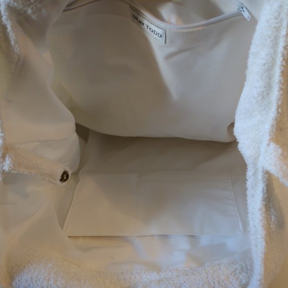 Womens Shay Todd White Brown Gold Studded Terry Cloth Tote Shoulder Handbag * - Picture 10 of 12